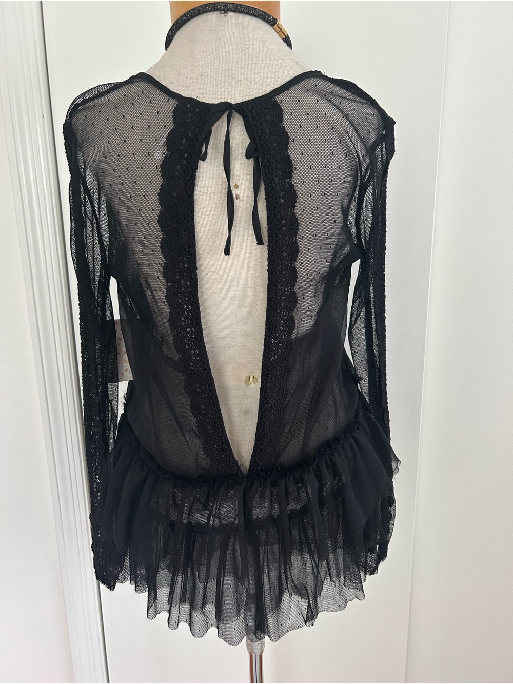 Free People Boho Sexy Semi Sheer Lace Tulle Mesh Ruffle Romantic Whimsigoth Top - Picture 6 of 10